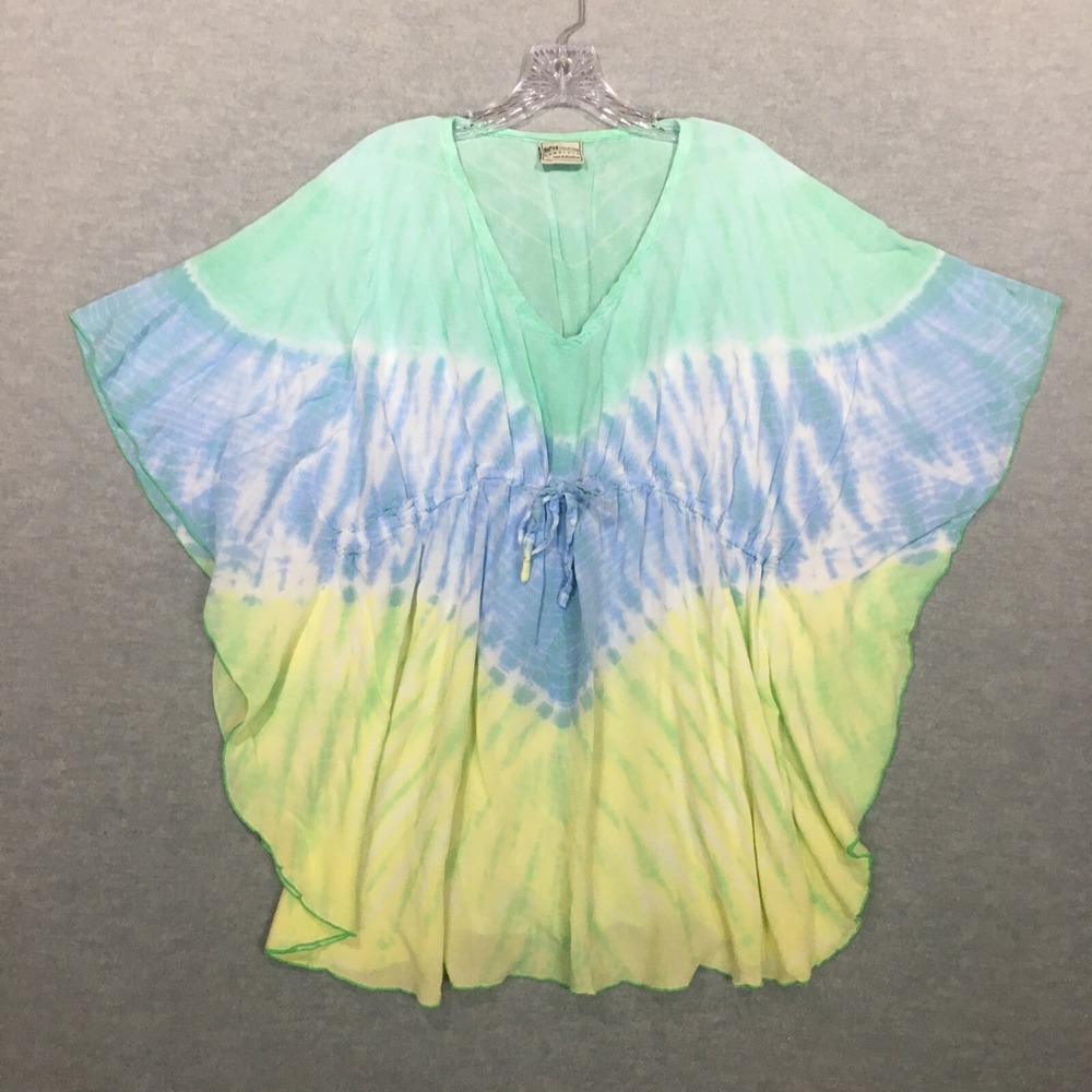 NaPua Collection Honolulu OS Tie Dye Cover Up Dress Drawstring Blue Yellow FLAW